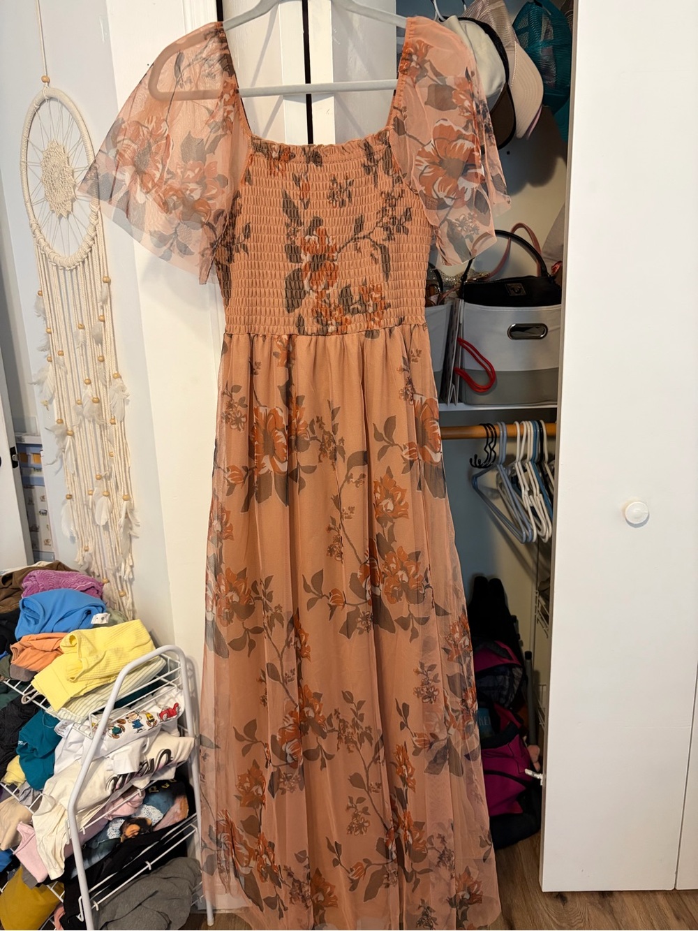 Baltic Born Mauve Peach Floral Puff-Sleeve Formal Maxi Dress